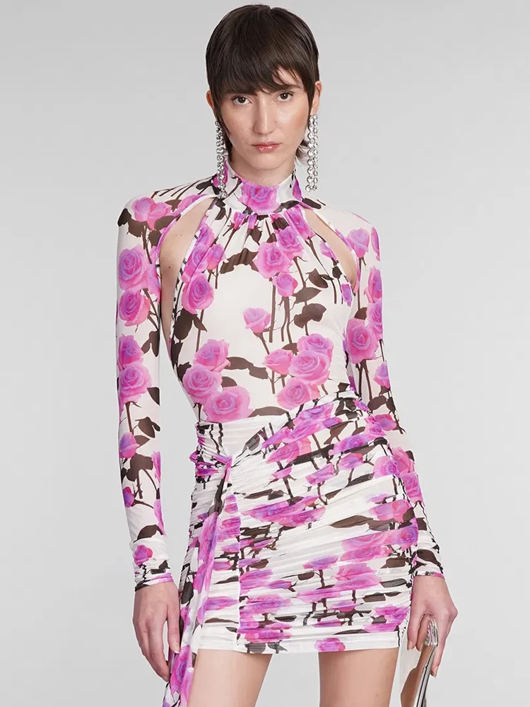 

Bold Floral Print Ruched Mini Dresses with High Neck and Side Sash – Sexy Party Evening Dress for Women