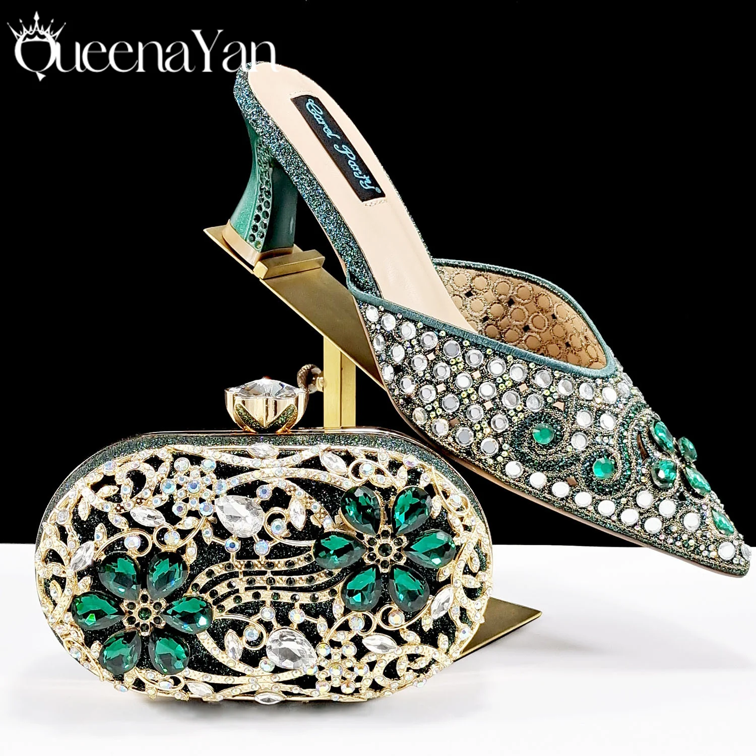 

QSGFC Nigerian Design Comfortable Women's Shoes with Diamond Oval Bag Women's High Heels for Party or Work