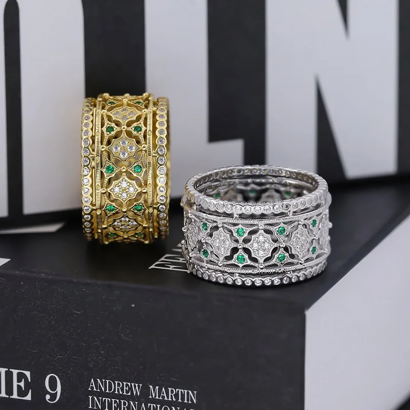 

Wide Version Hollow Diamond Inlaid Vintage Fashionable Sterling Silver Lace Ring Fine Craft
