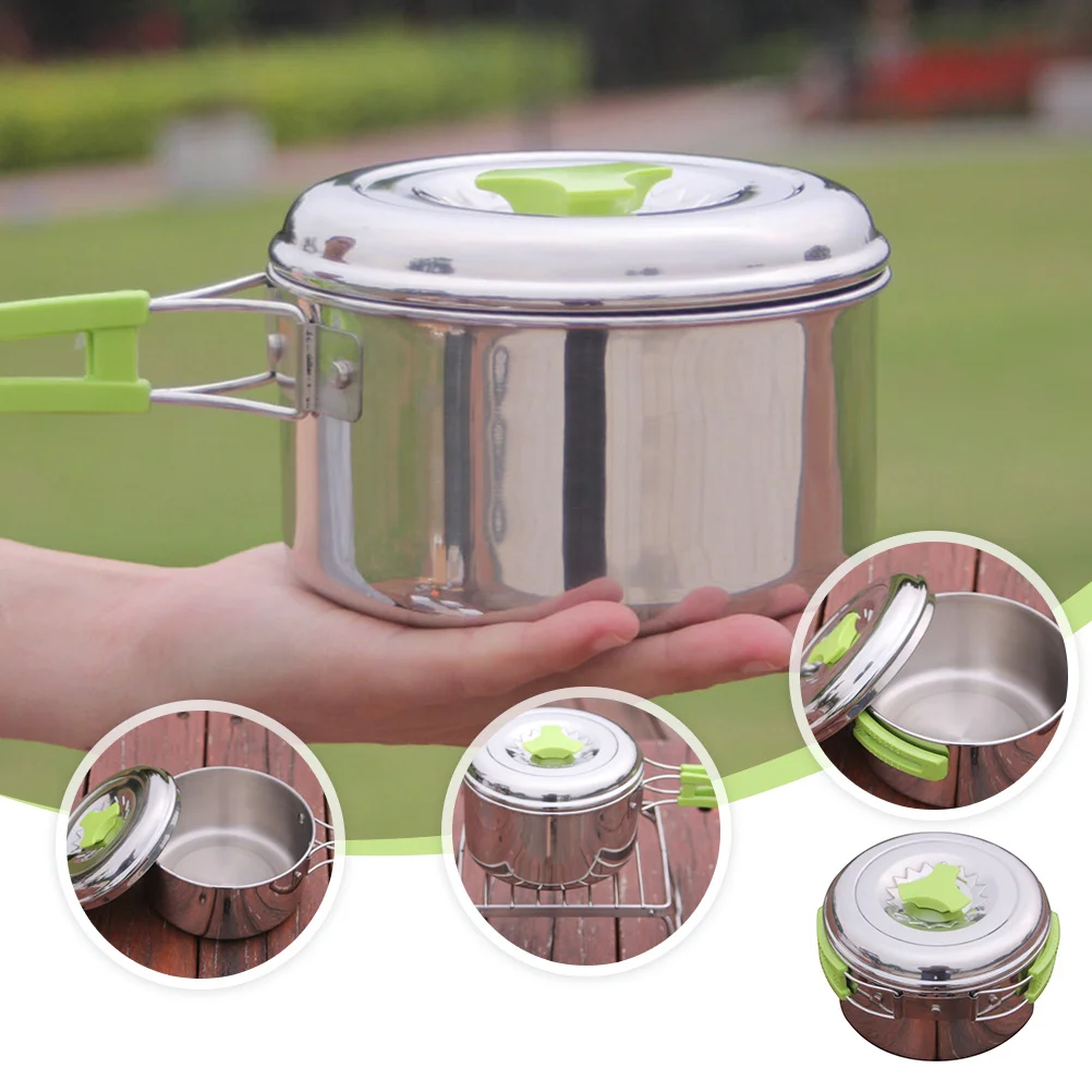 

1pc Portable Camping Pot Set For 1-3 People Foldable Handle Stainless Steel Outdoor Cookware Cooking Tool For Hiking Picnic