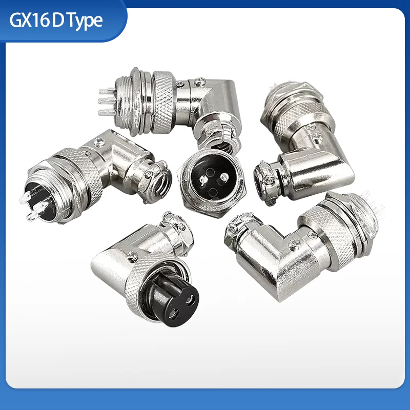 

5 10Set GX16 D Type Aviation Plug Socket Connectors 2P 3P 4P 5P 6P 7P 8P 9P 90-degree Elbow 16mm Connector