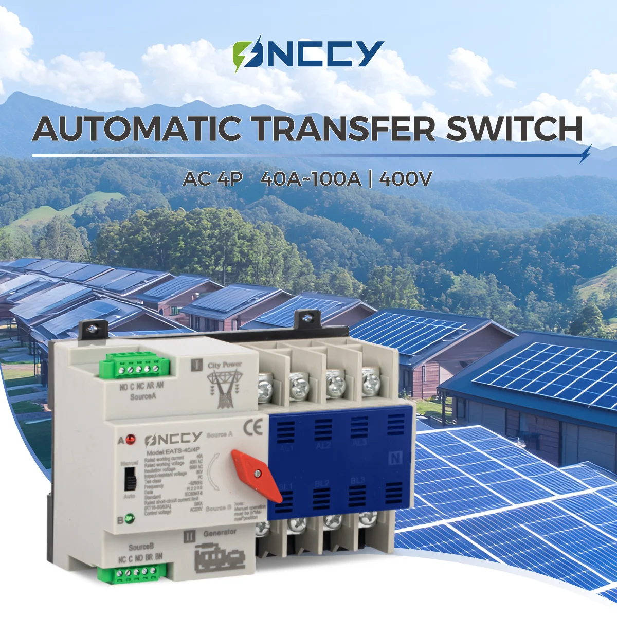 ONCCY ATS 110V 220V PC Dual Power Automatic Transfer Switch 63A 100A Household Power Transfer Switch 50/60Hz