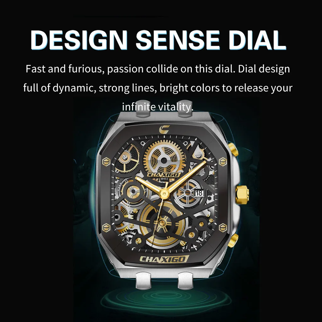 CHAXIGO メンズ スタイリッシュ スポーティ シリコン製腕時計ストラップ、夜光表示、30メートル防水、ダイナミックデザイン クォーツ腕時計