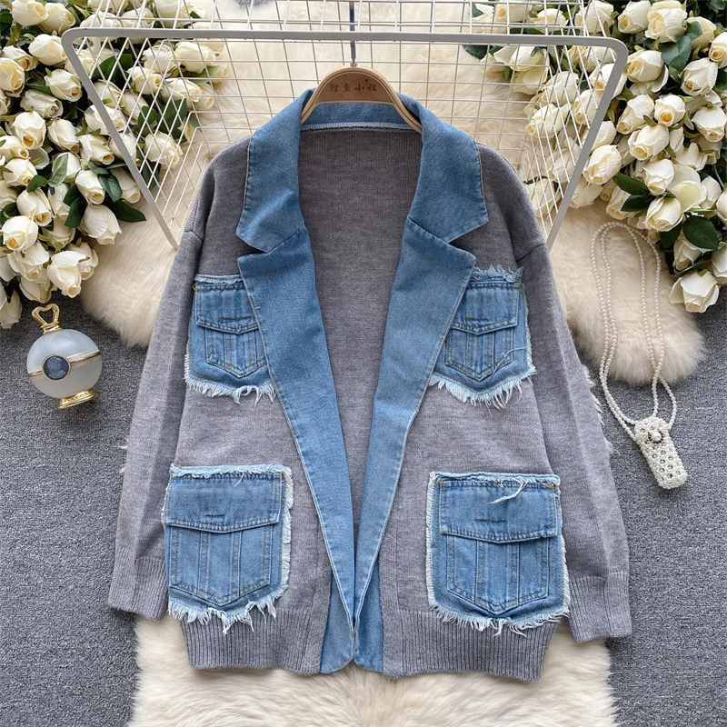 Vintage Frayed Burrs Big Pocket Cowboy Patchwork Knitted Sweater Cardigan Jacket Spring Autumn Casual Lapel Long Sleeve Knitwear