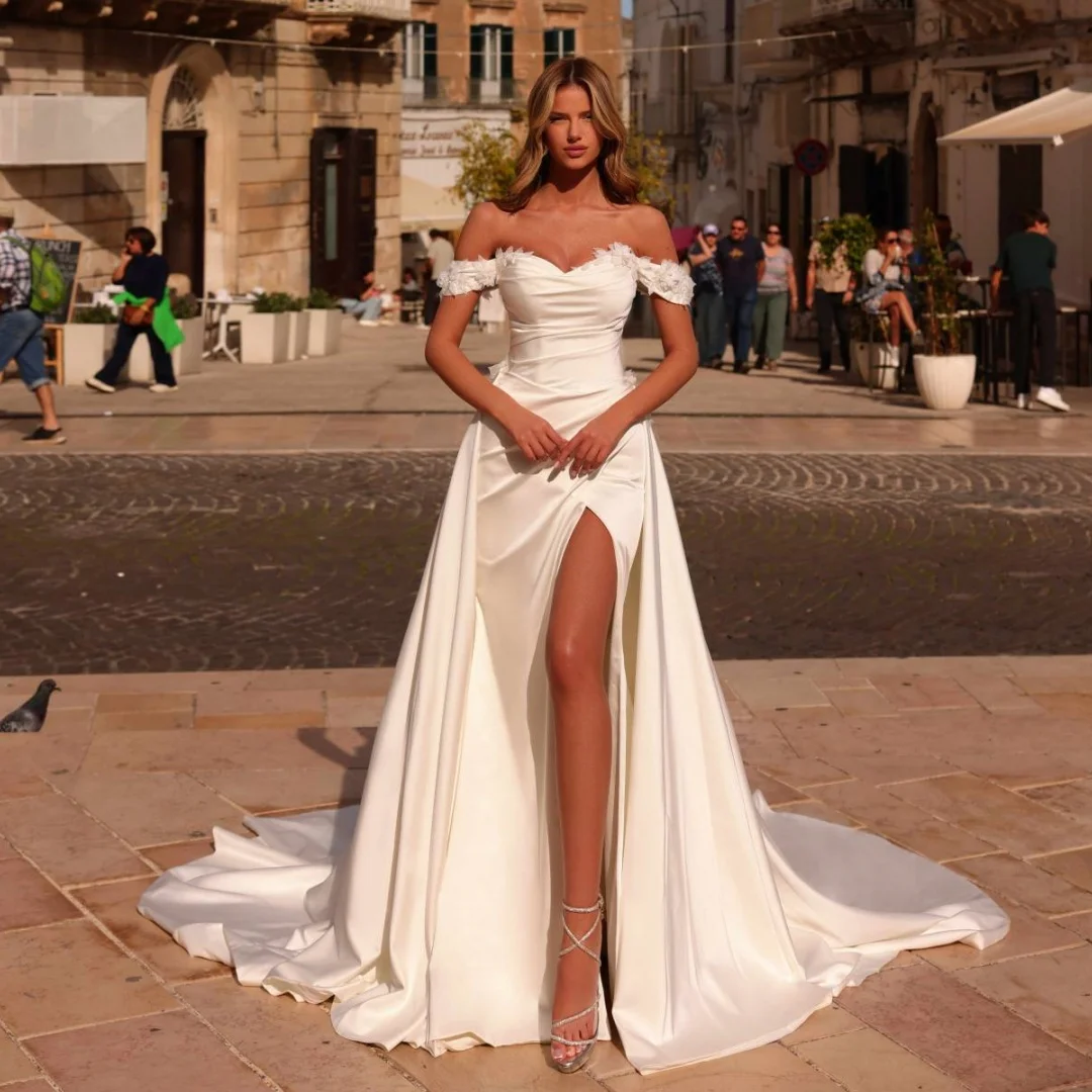 

Exquisite Mermaid Wedding Dresses Satin Slit Detachable Train Lace Appliqued Bridal Gown Off Shoulder robe de mariée Customized