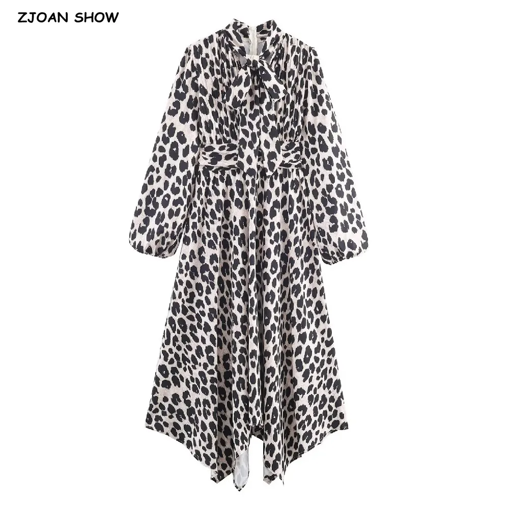 

Новое весеннее платье с галстуком-бабочкой и леопардовым принтом, пышное платье с длинными рукавами, женские тонкие платья с высокой талией по подолу, нерегулярные платья, праздничные платья