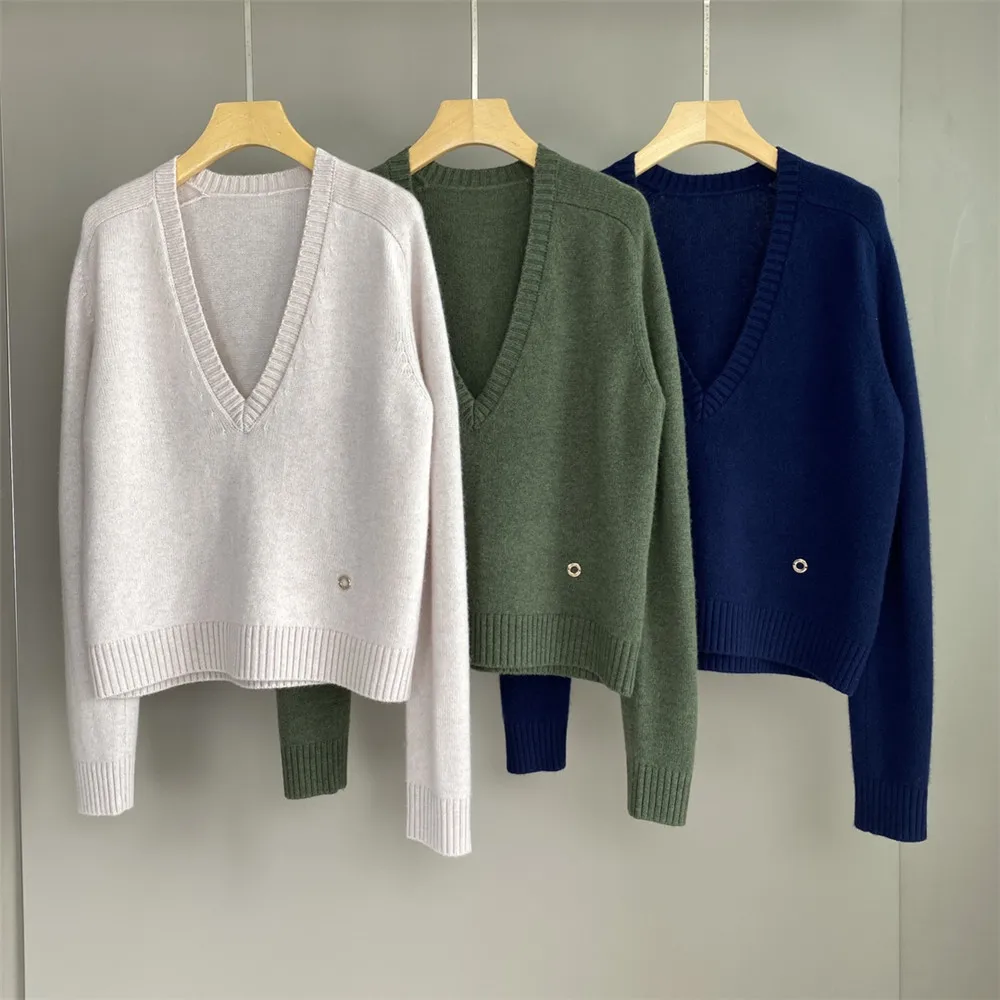 

25. Осень/зима, новый женский кашемировый повседневный пуловер с большим v-образным вырезом и длинными рукавами