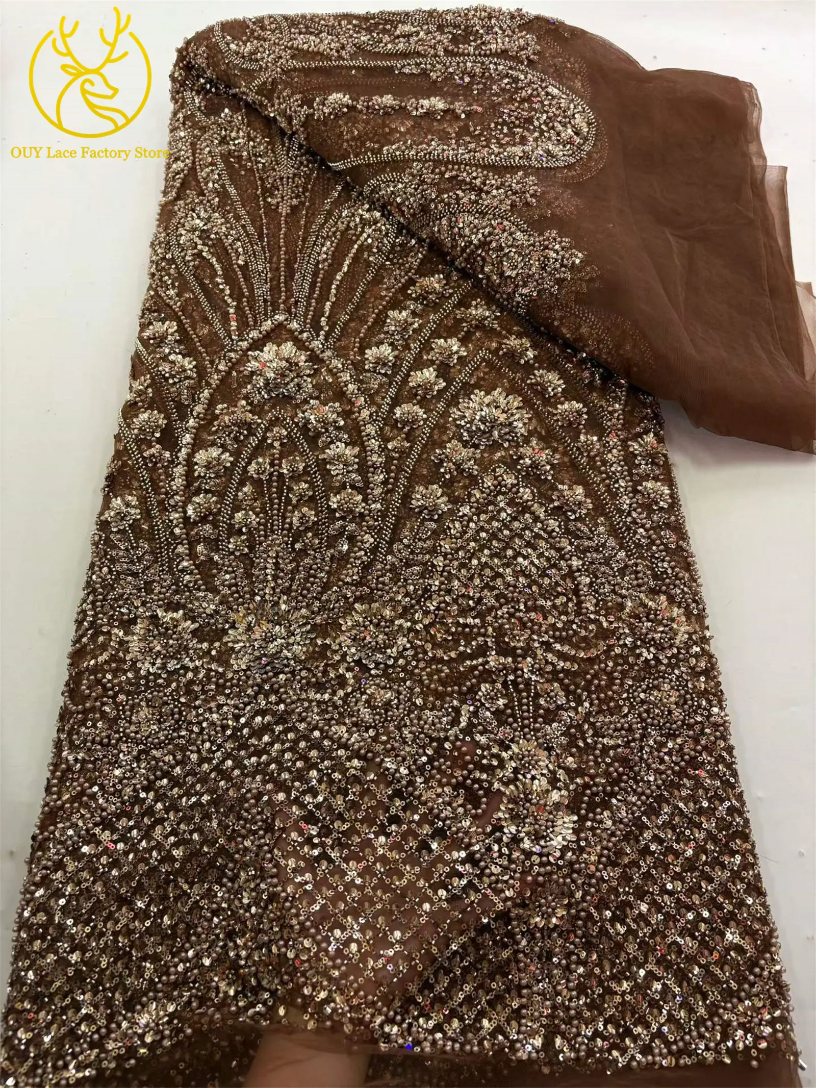 5 Yards afrikanischer schwerer Perlen-Pailletten-Netzstoff, goldener französischer Pailletten-Tüllstoff für wunderschöne Hochzeitskleider zum Nähen – Detail 16