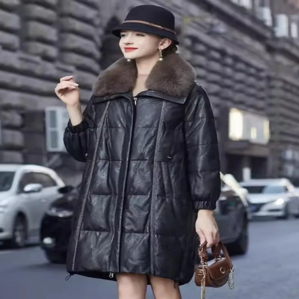 Genuine Women Leather Down Jacket New Winter Overcoat Loose Fit Fashion Fox Fur Collar Office Ladies Casual Sheepskin Long Coat