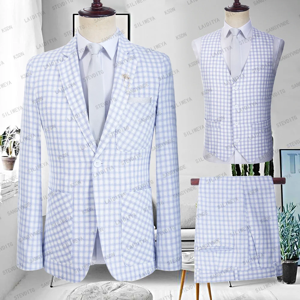 

Male Wedding New 2024 Summer Business Formal Blue Plaid Suit Luxury Slim Fit Coat Trousers Men Dress Blazers Pants Vest 3 Piece