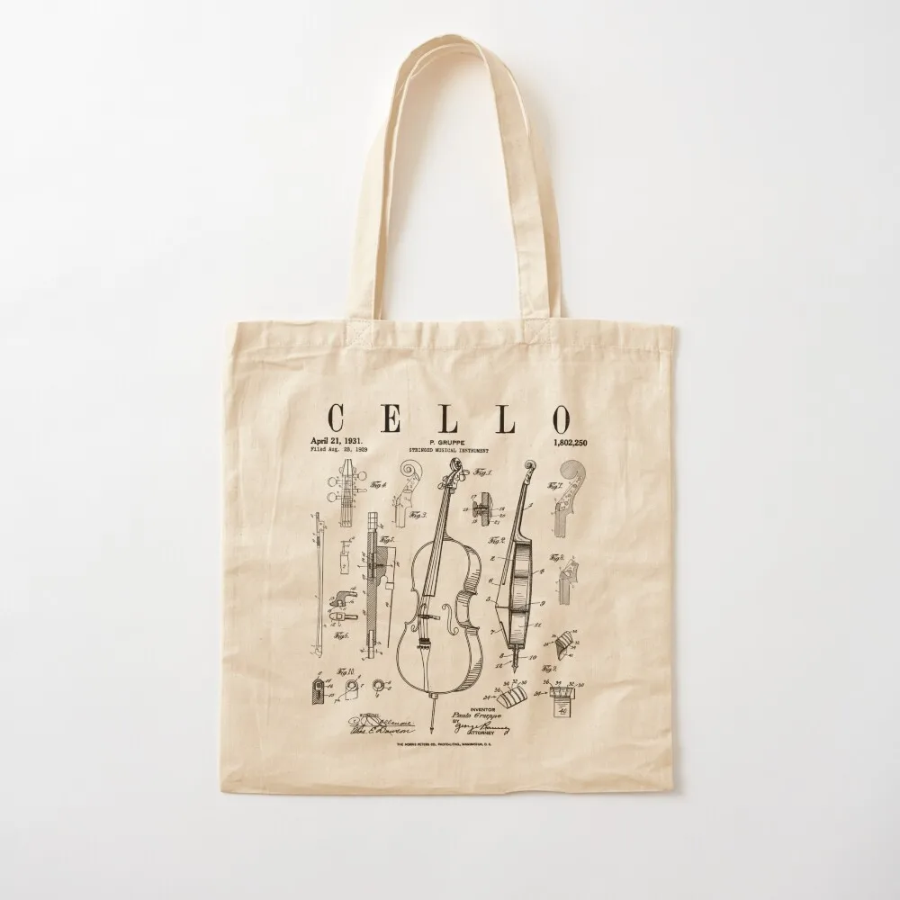 Cello Vintage Patent Cellist Drawing Print Tote Bag shopping bags foldable ecological bags eco bag folding Canvas Tote Bag