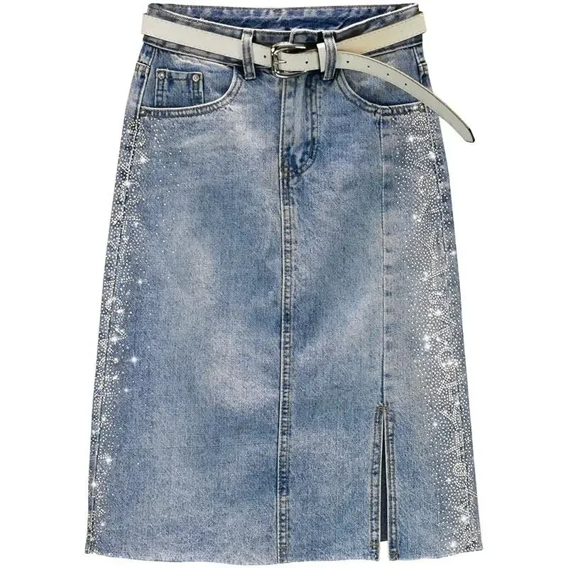 NMZM new diamond inlaid split style retro casual denim skirt for 2024 summer fashion, high waist slim fit wrapped hip half skirt