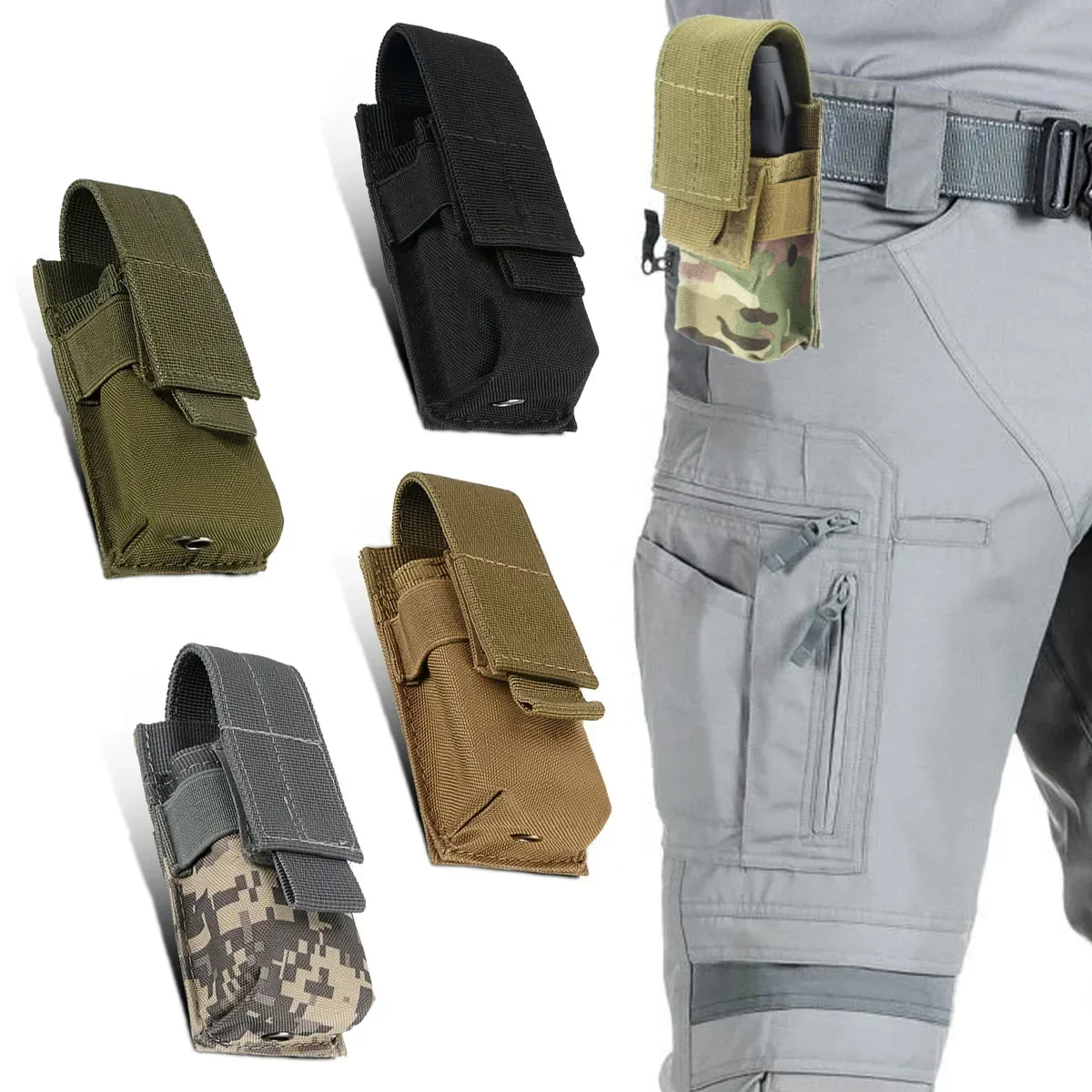 Molle 9mm Single Magazine Pouch M5 Flashlight Knife Holder Hunting Accessories Mag Holster Small EDC Tool Light Knife Waist Bag