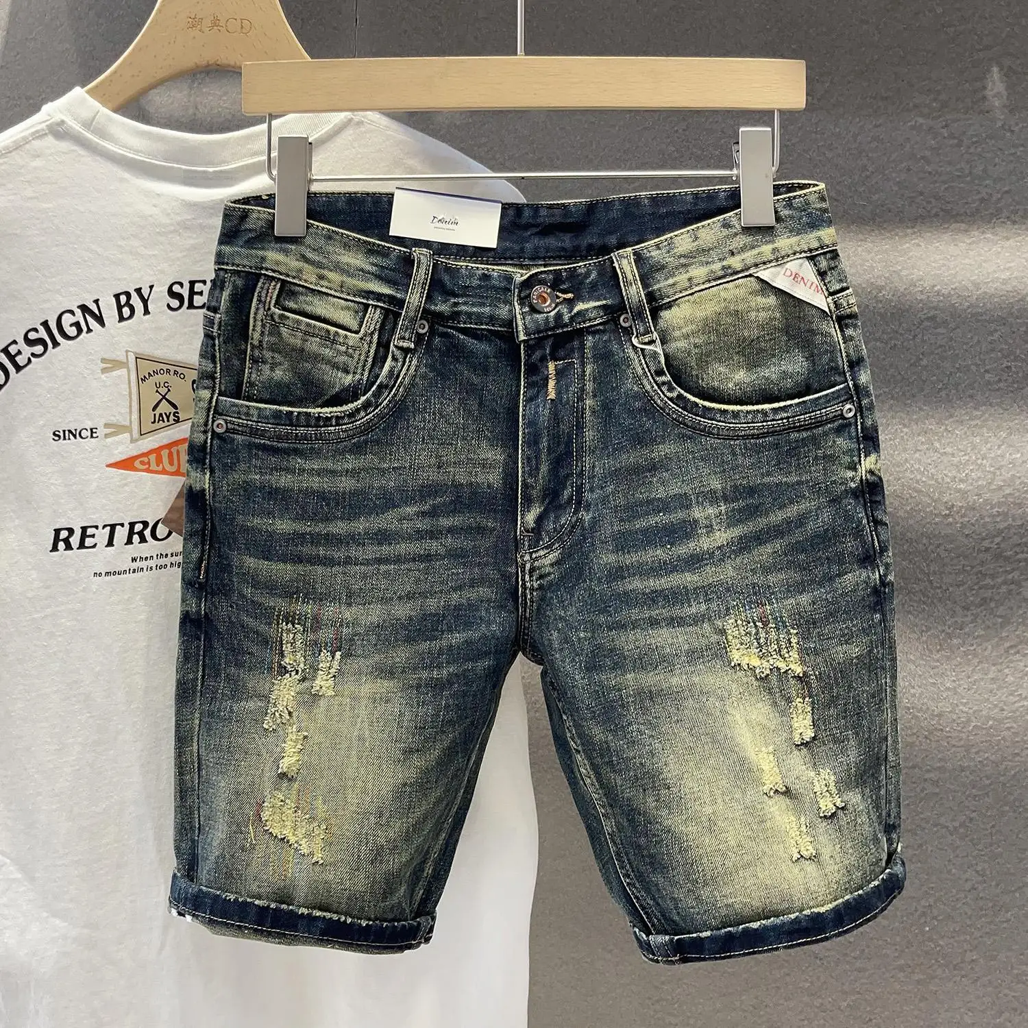 Vintage Men's Casual Knee Length Denim Shorts Summer New Arrival Washed Resistant Ripped Half Trousers Streetwears Shorts Jeans