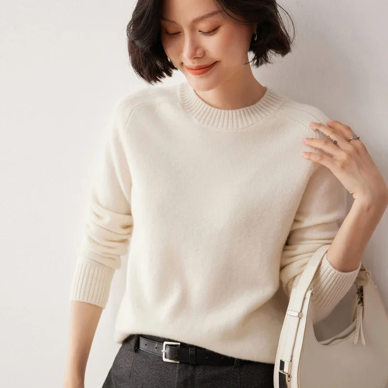 Classic Crew Neck Cashmere Sweater Women's Double-strand Thickened Skin-friendly Solid Cashmere Knitted Sweater Bottom Shirt