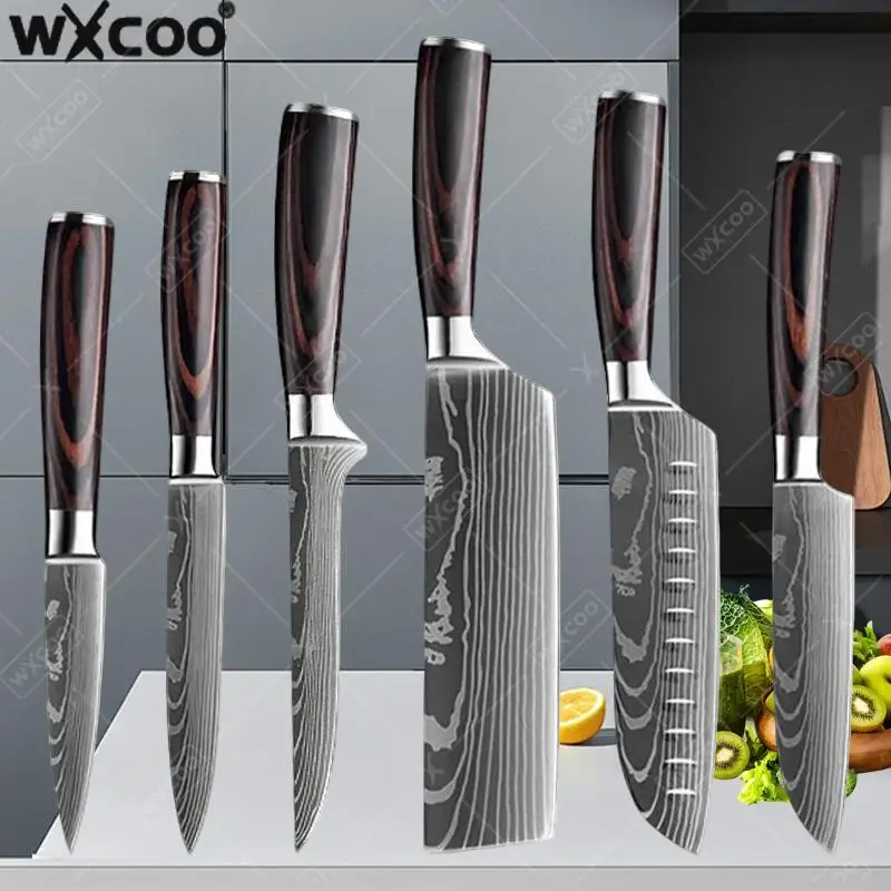 

WXCOO 6PCS Kitchen Knives Set Japanese Santoku Cleaver Slicing Utility Fruit Knife Laser Damascus Stainless Steel 7CR17 440C