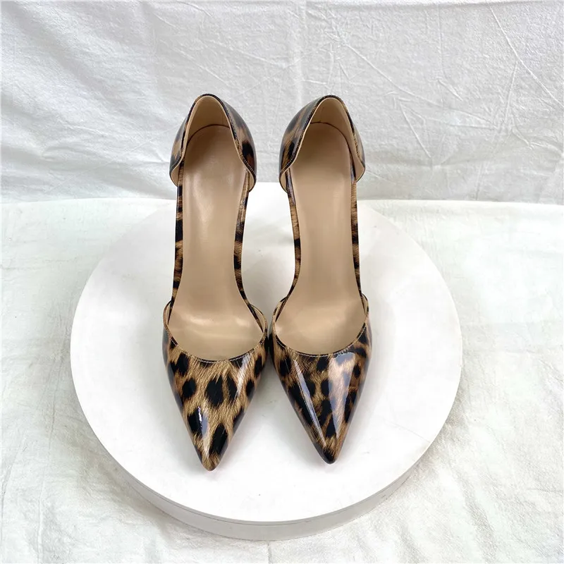 Keshangjia Glossy Leopard Women Pointy Toe Side Cut High Heel Shoes for Party Dress Sexy Ladies Evening Dress Stiletto Pumps