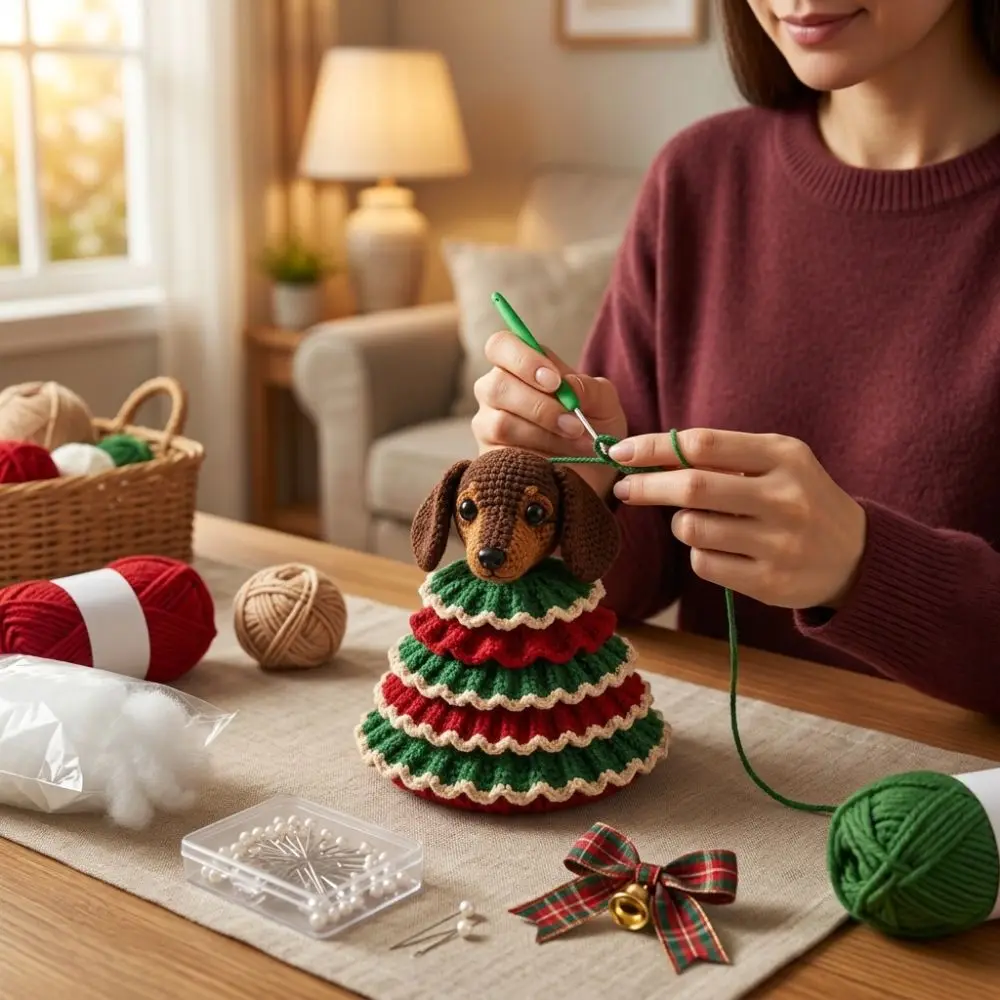 Finished amigurumi crochet dachshund dog wearing a tiered green and red ruffled yarn Christmas tree dress decorated with small candy canes, pearl beads, bows, a golden bell collar, and a matching star-topped hat.