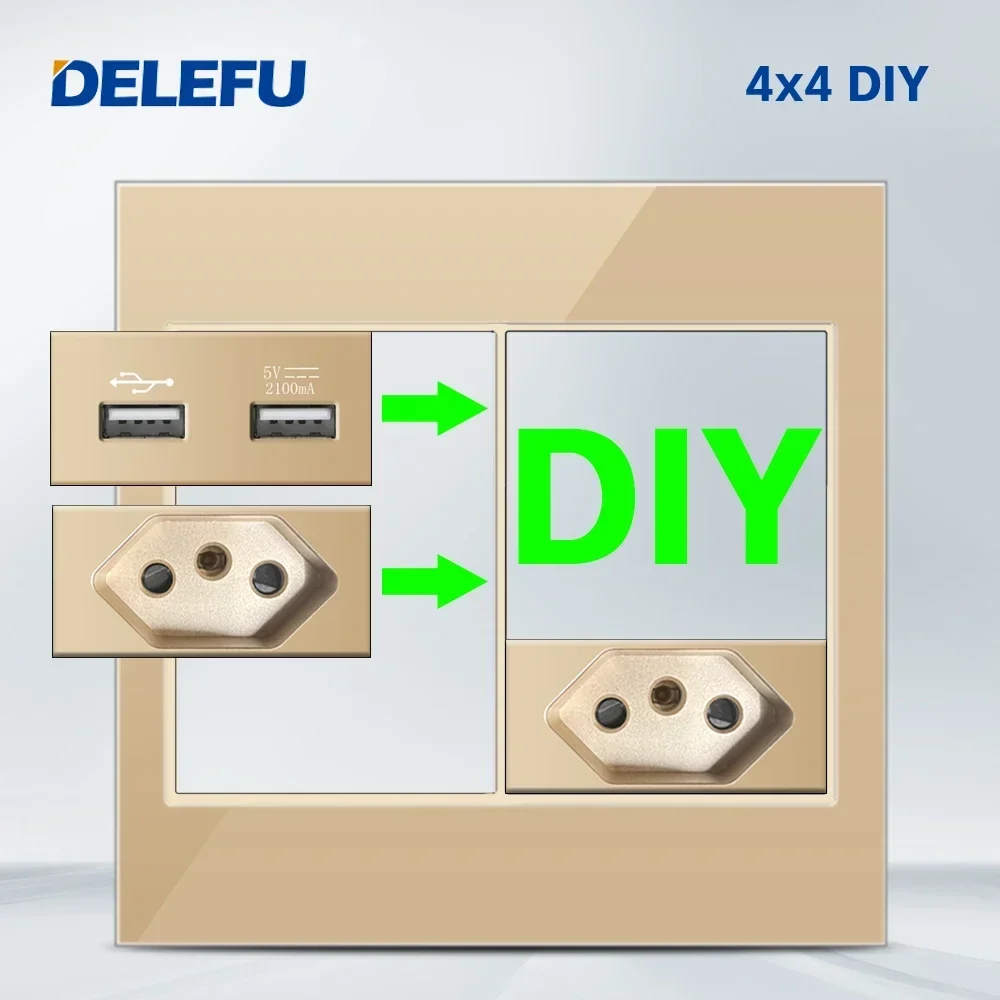 DELEFU Brazil Italian Chile Mexico Standard Free Combination Function USB Type C Key DIY Switch Socket 4*2 Gold 4*4 Fast Charge