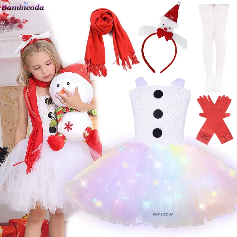 

2024 Girls Christmas LED Light up Dress Snowman Christmas Costume Suit Snow Snowman Cosplay Clothes Kids Princess Dresses