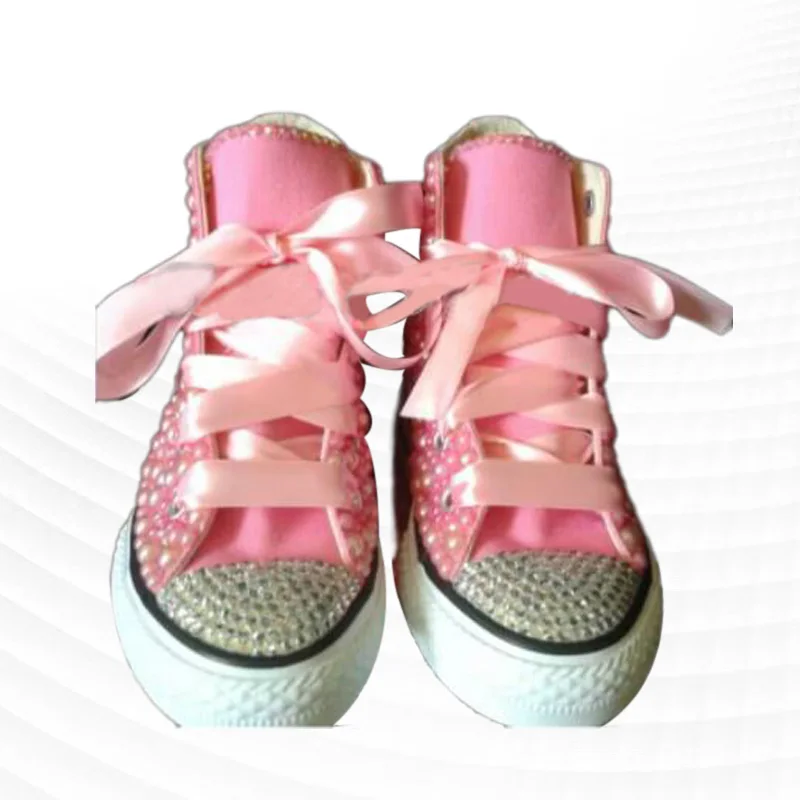 Hand-made pink high-top pearl rhinestones party plimsolls Heavy industry large size lace-up casual sports women's shoes 35-44