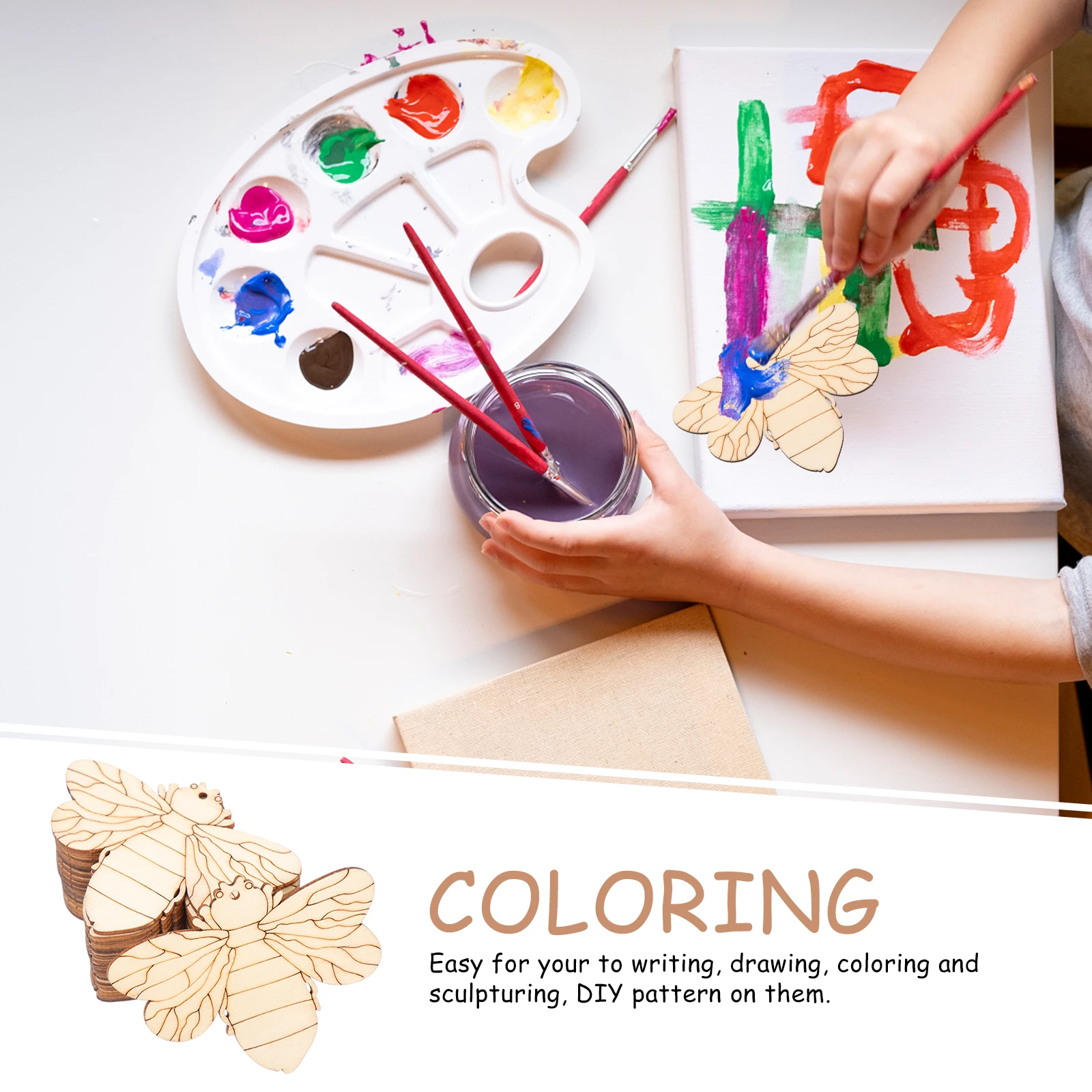 

50 set Wood Chip Painting Kits Bee Shape Unfinished Wooden Slices Crafts for Kids Creative Blank Natural Wood