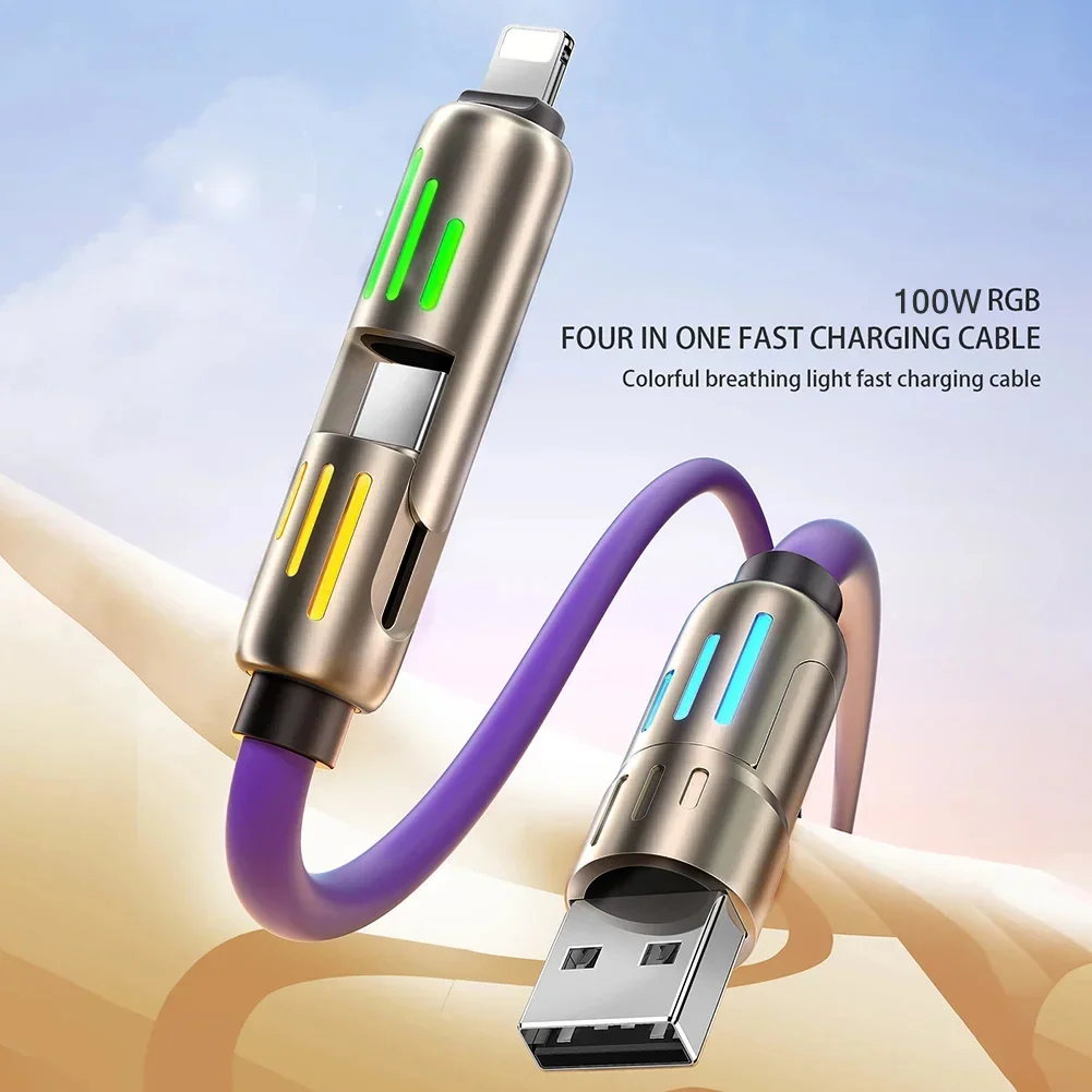 100W شحن سريع للغاية 4in1 كابل بيانات USB من النوع C من السيليكون السائل من سبائك الألومنيوم