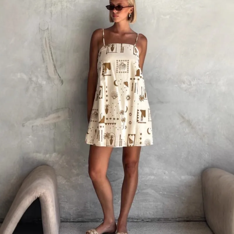 2025 Women's Vintage Print Vacation Mini Dresses Summer Sleeveless Sexy Backless Sling Dress Fashion Boho Beach Dress Femme