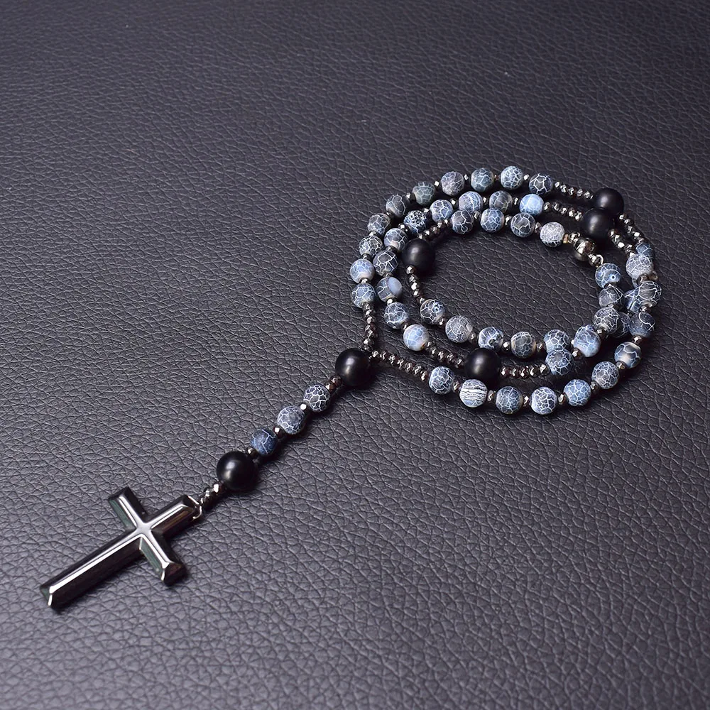 Weathered Agate Catholic Rosary Necklace Hematite Cross Necklace for  Man Women Handmade Vintage Jewelry Dropship