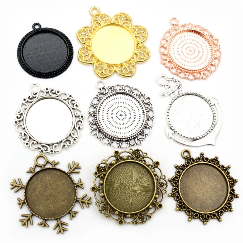 New Fashion 5pcs 25mm Inner Size Antique Silver Plated 5 Colors Pierced Style Cabochon Base Setting Charms Pendant