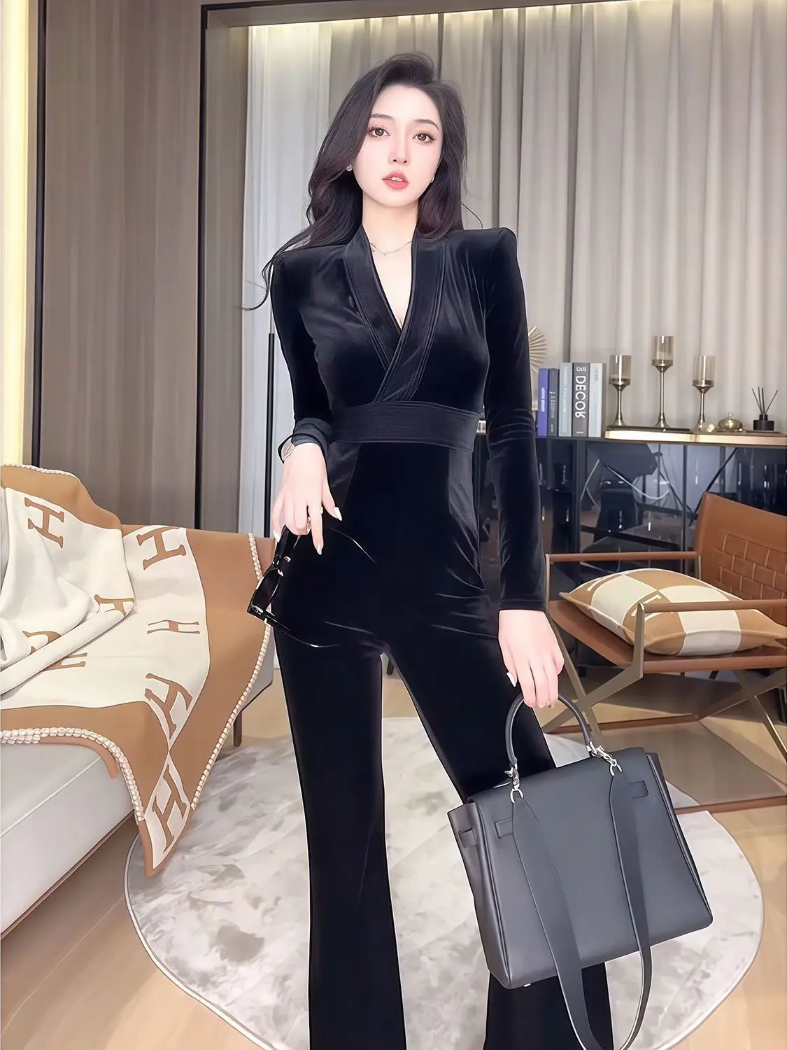 Bla velours combinaison ensemble Faionable jeune Sle automne hiver nouveauté femmes tenue décontracté taille haute coupe ajustée V Ne