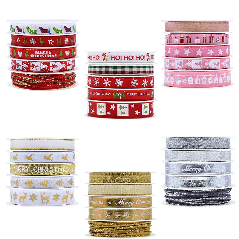 Christmas Grosgrain Ribbon  5 Rolls Totally 25m Holiday Ribbon Set Perfect for Gift Wrapping,Bow,Wreath,Craft