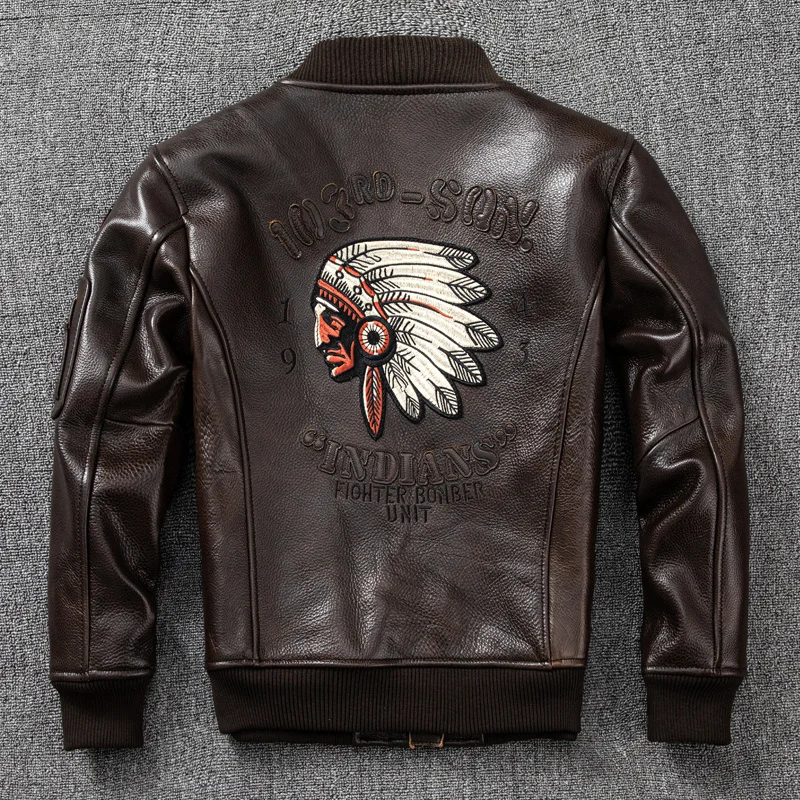 New Spring Autumn oil wax Top Layer Cowhide baseball Jacket Men corium Flight Jacket Indian Embroidery Short corium Coat