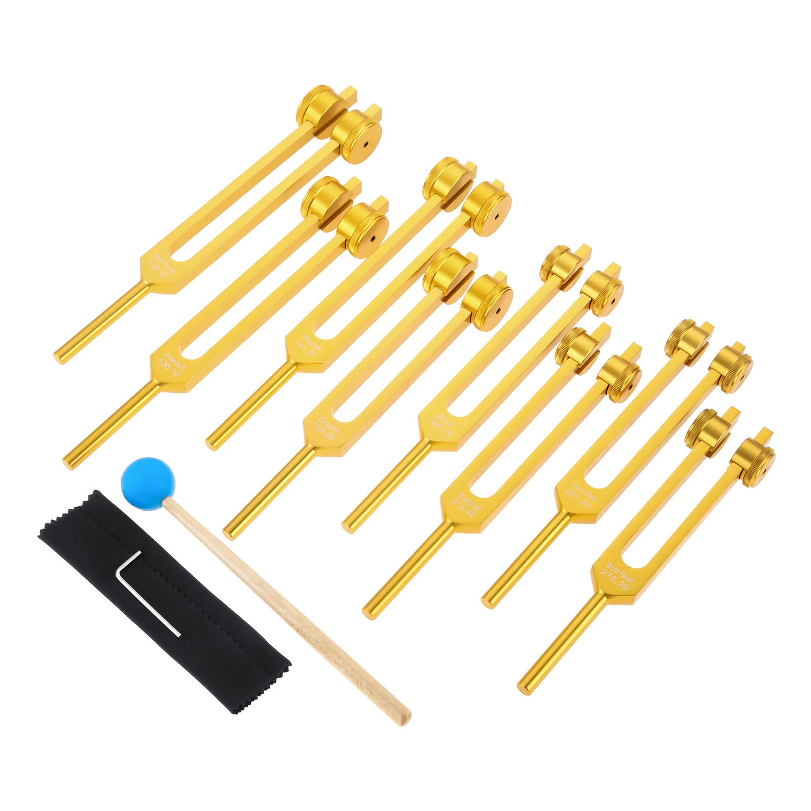 

9pcs/set Golden Chakras Soul Purpose Wighted Tuning Fork Chakras Silicone Hammer Healing/Sound Therapy/Music Instrument Tools