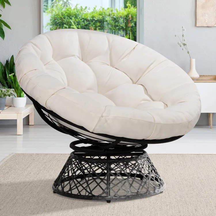 40" Ergonomic Wicker Papasan Chair with Soft Thick Density Fabric Cushion, High Capacity Steel Frame, 360 Degree Swivel