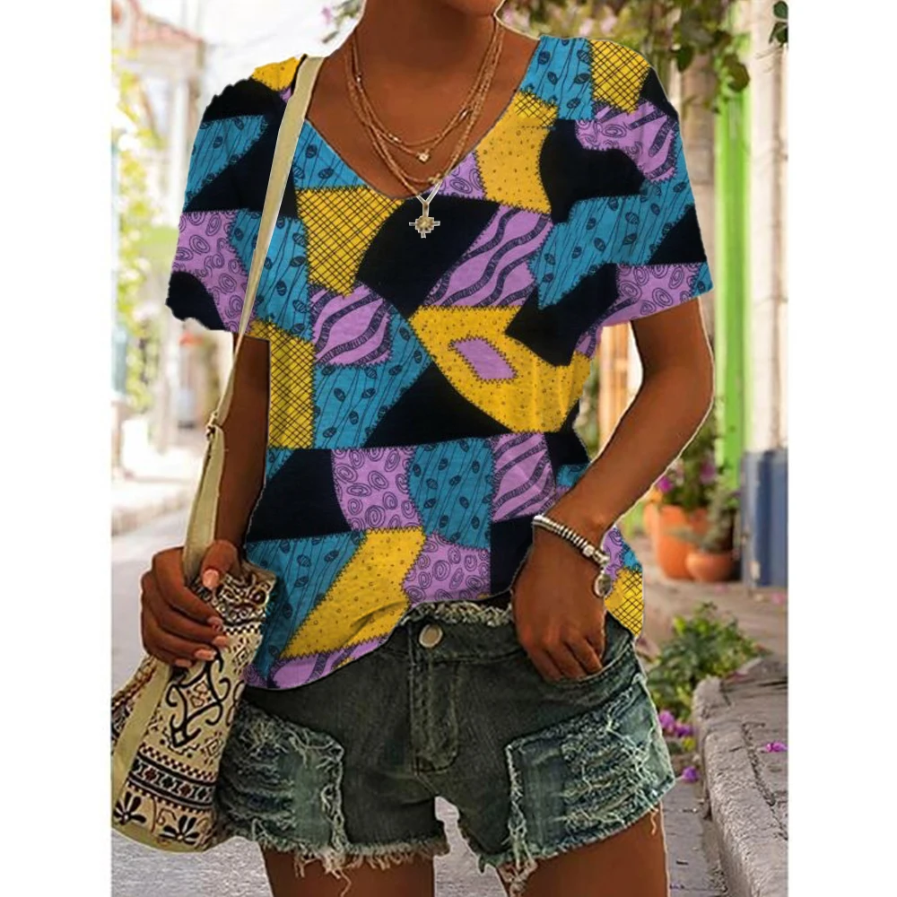 Women\'s Patchwork Print T-Shirt Boho Short Sleeve Top Summer V-Neck Loose Sweater Harajuku Streetwear T-Shirt