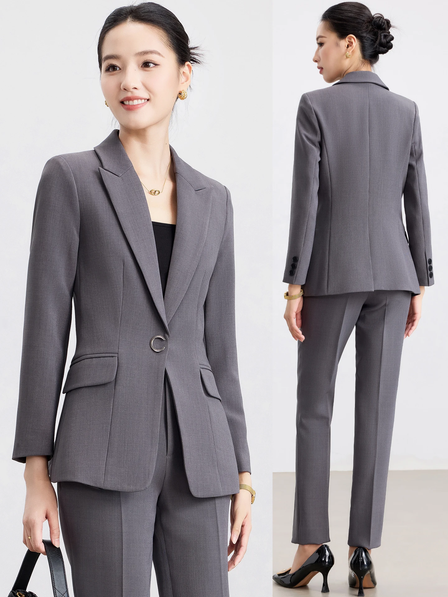 Gray Suit Set for Women Professional Commute Workwear Elegant Career Interview Outfit Polyester Fabric Long Sleeve Button up