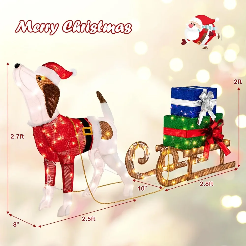 Christmas Dog Combination Decoration with Sled and Gift Box, Christmas Decoration with 170 Warm and Bright Lights