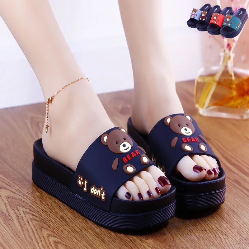 2022 New Summer High-heeled Thick Soled Slippers Women\'s Cute Cartoon Bear Heightening Sandals Shoes Woman Heels Summer Slipper