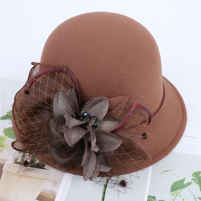 Ladies Autumn And Winter New Dome Billycock Female British Hepburn Style Yarn Flower Bucket Hat Flat Brim Elegant Felt Cap