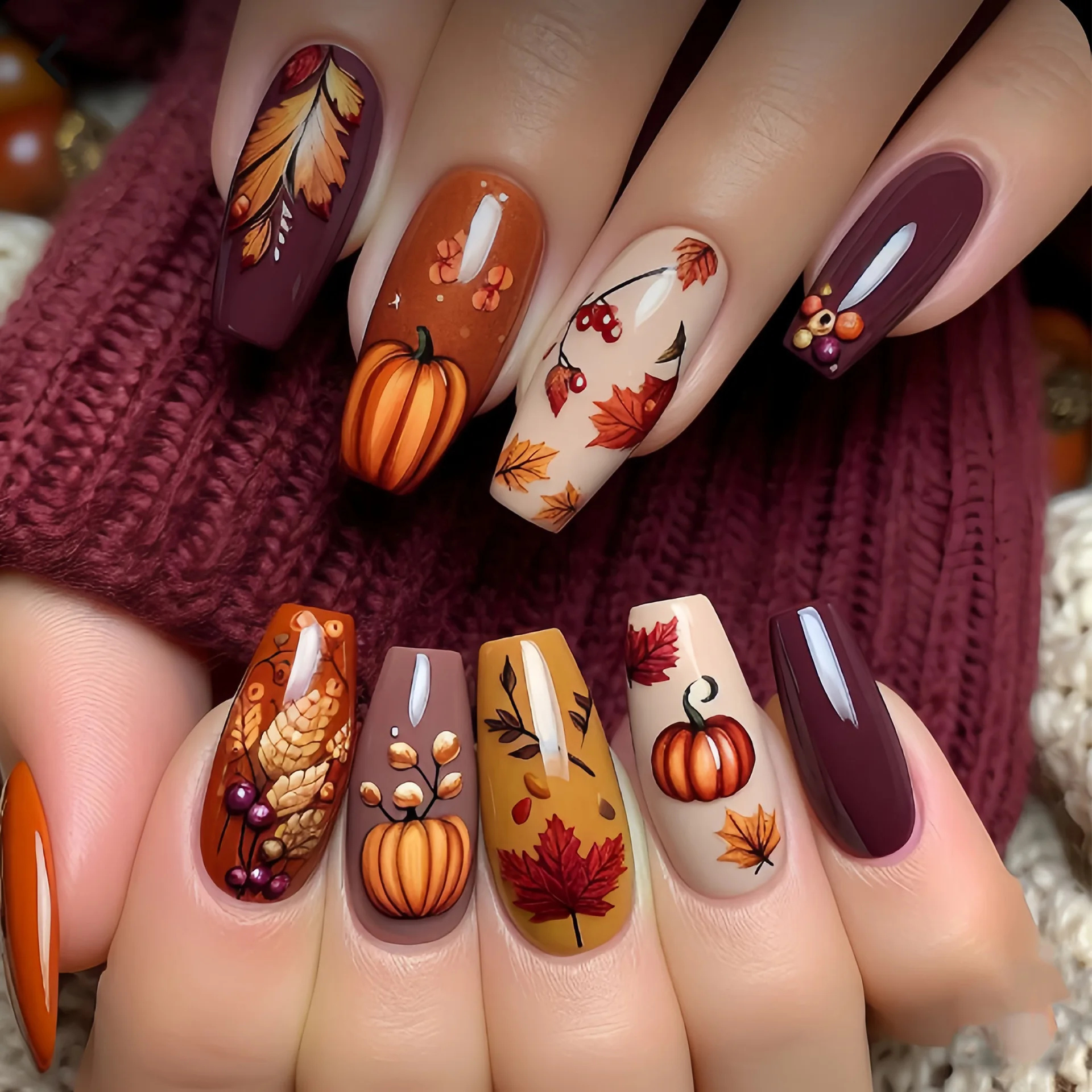 Kurze mittelgroße künstliche Nägel für Herbst und Winter, Farbverlauf, orange, braun, Blatt, Kürbis, lila, rosa Blumen, quadratische Ballettspitzen, zum Aufdrücken der Nägel