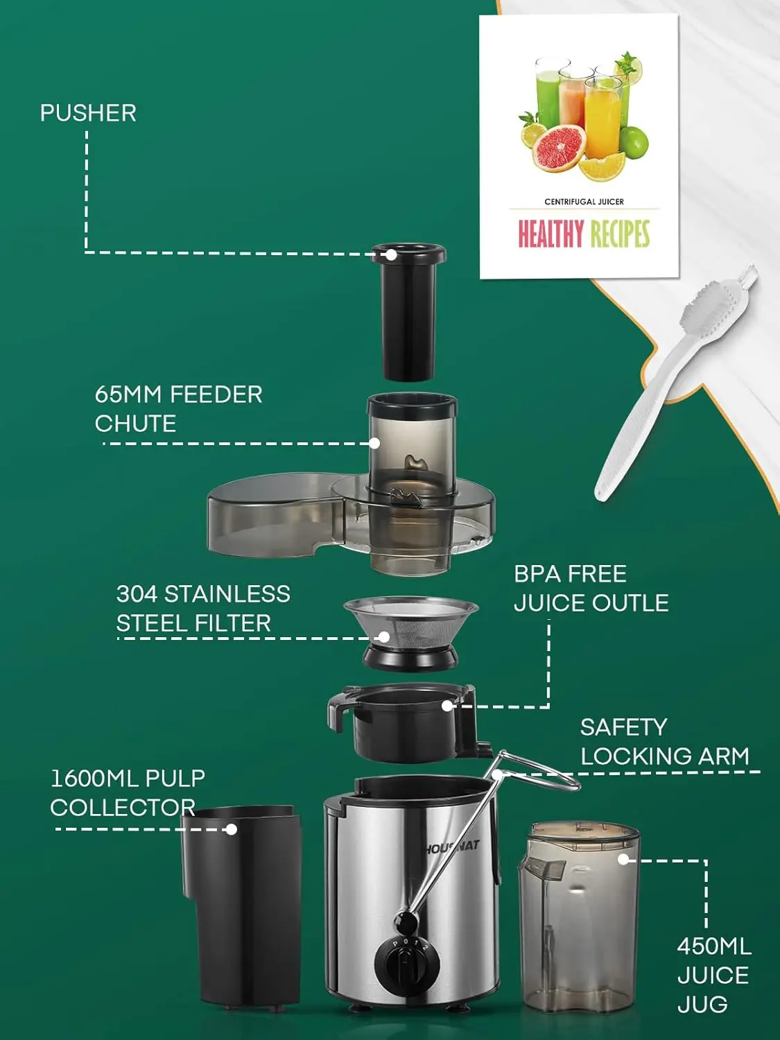 Entsafter-Maschine, Zentrifugal-Entsafter, Extraktor, maximale Leistung 800 W, Saft, 65 mm Rutsche für ganzes Obst und Gemüse, Saftextr