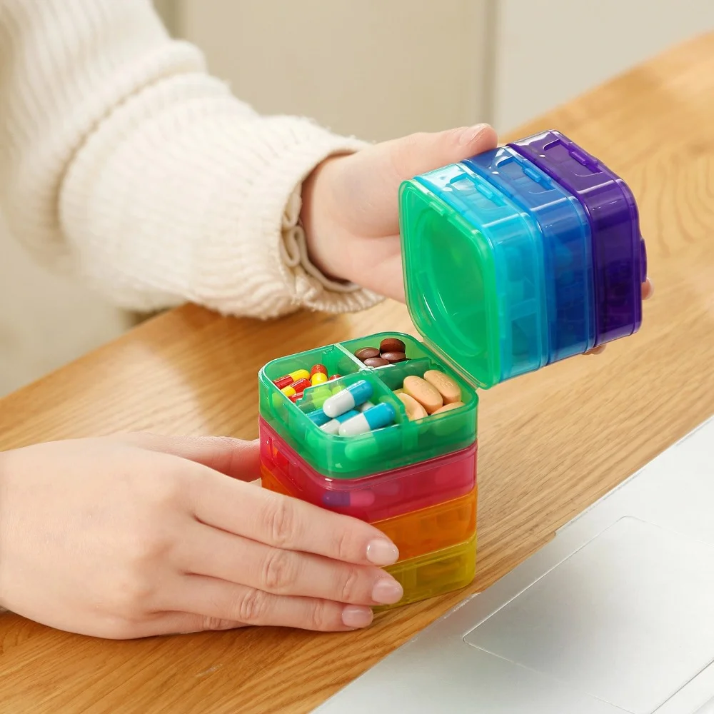 

Новый еженедельный портативный 4-кратный органайзер для таблеток на 28 дней, ежемесячный органайзер для таблеток, коробка для хранения лекарств, витамина, рыбьего масла, добавка