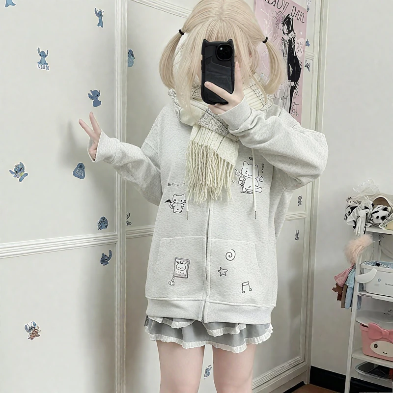 

Autumn Japanese Kawaii Anime Print Hooded Hoodie Subculture Aesthetics Cotton Loose Hoodie Jacket Women's Chic Casual Sweatshirt