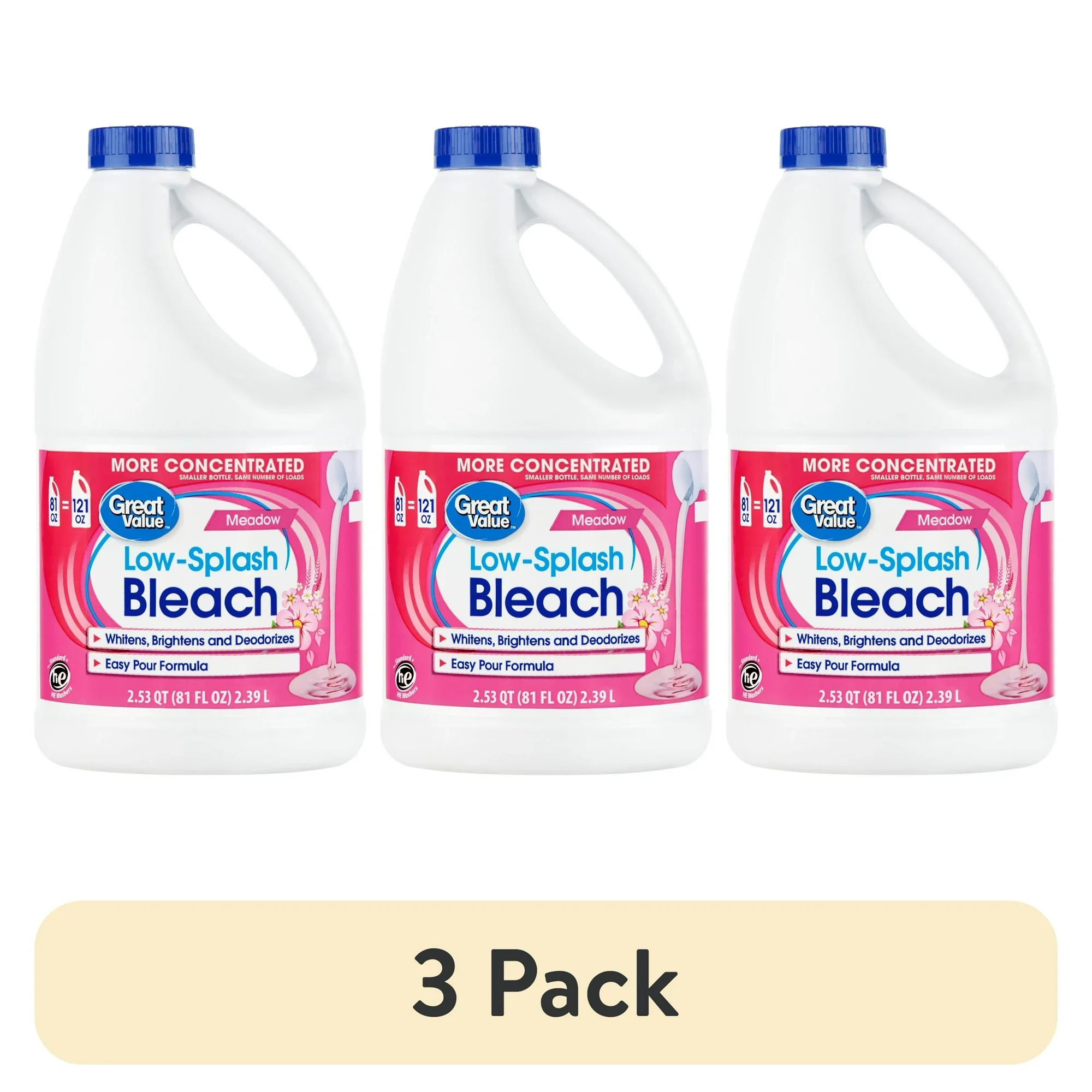 (3 pack) Low-Splash Bleach, Meadow Scent, 81 fl oz