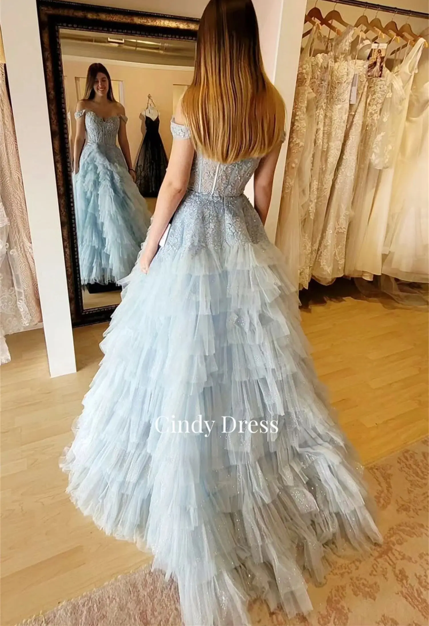 Cindy Light Blue Multi-layer Mesh Lace Appliqué Shiny Woman Elegant Dress Formal Occasion Dresses Graduation New Evening Gown