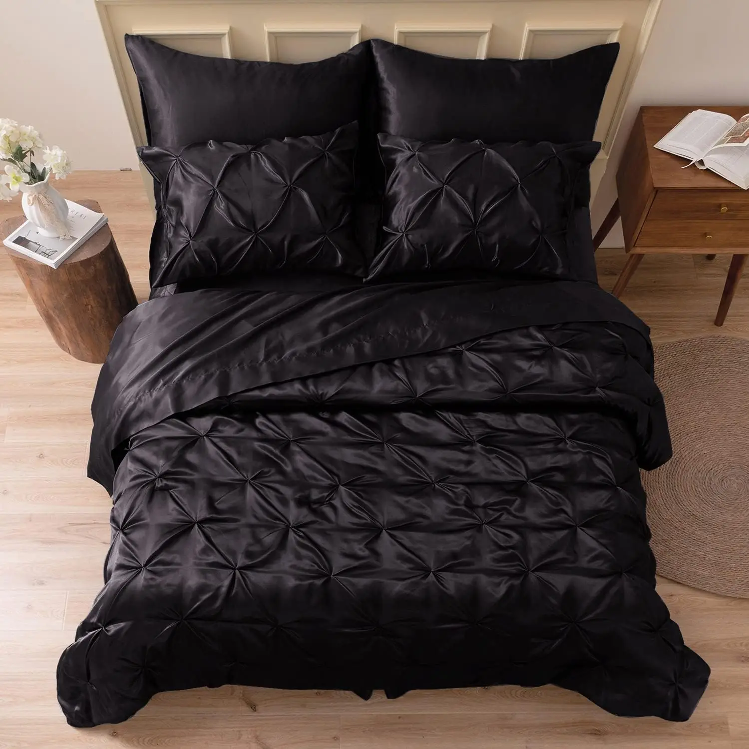 

Queen Satin Comforter Set 7-Piece - Luxurious Pinch Pleat Bedding with Silky Soft Fabric for All Seasons, Black