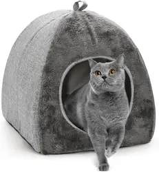 Foldable Cat Bed for Indoor Cats, 2 in 1 Cat House with Removable Cushioned Pillow