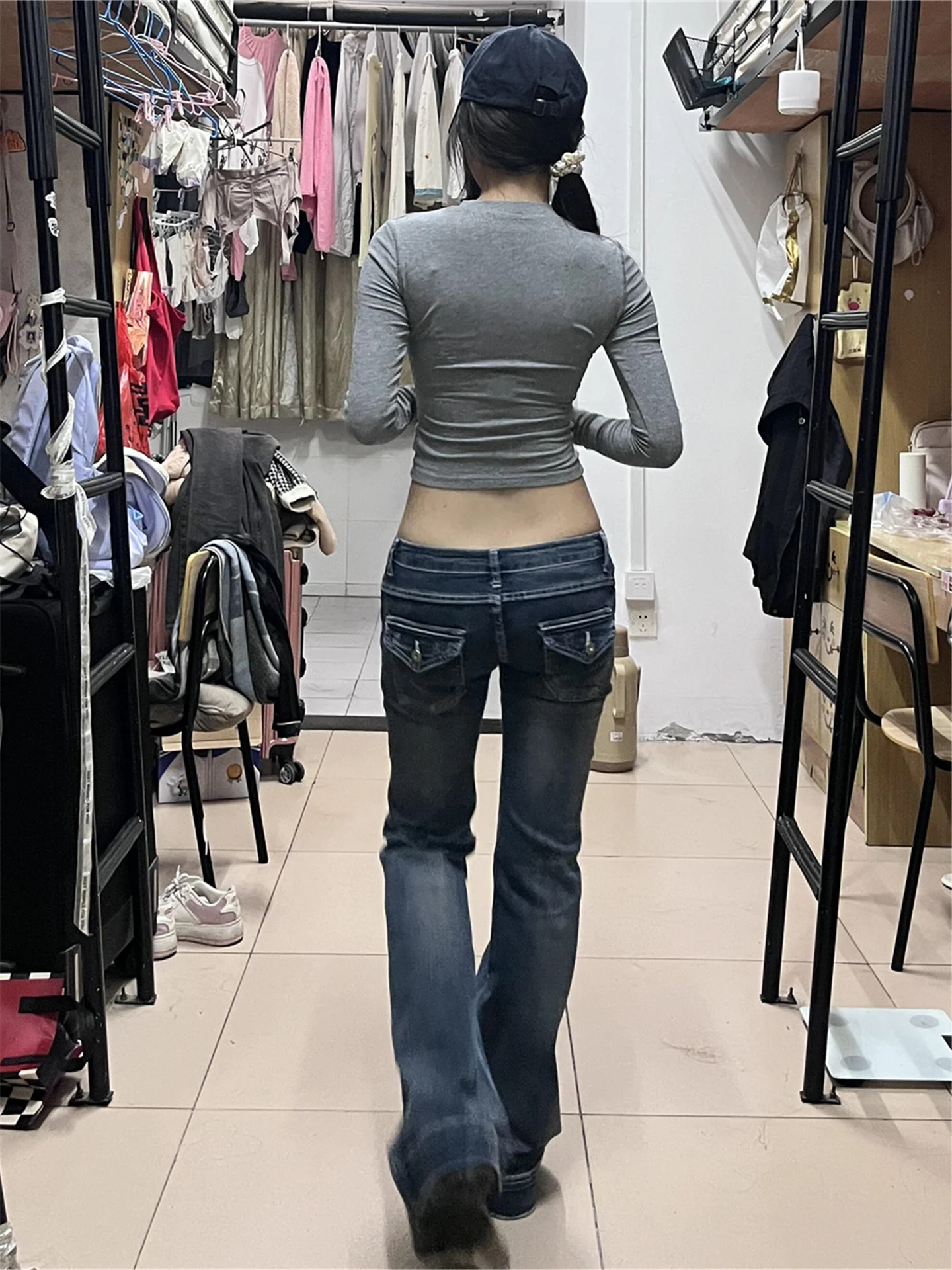 

American Style Vintage Low Waist Bell Bottom Jeans Women's Slimming Extended Length Sexy Cotton Denim Pants Retro Wash