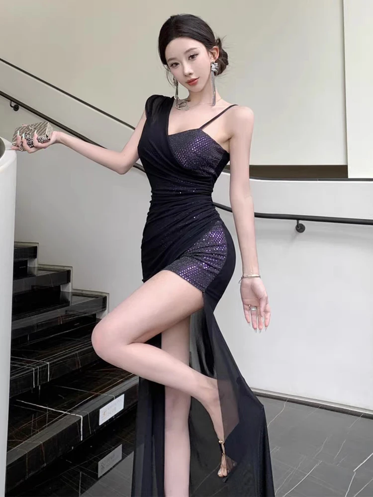 RORORIRI Sheer Mesh Stitch Sequin Camisole Dress Women One Shoulder Slim Bodycon Slit Draped Long Dress Sexy Vintage Party Gown